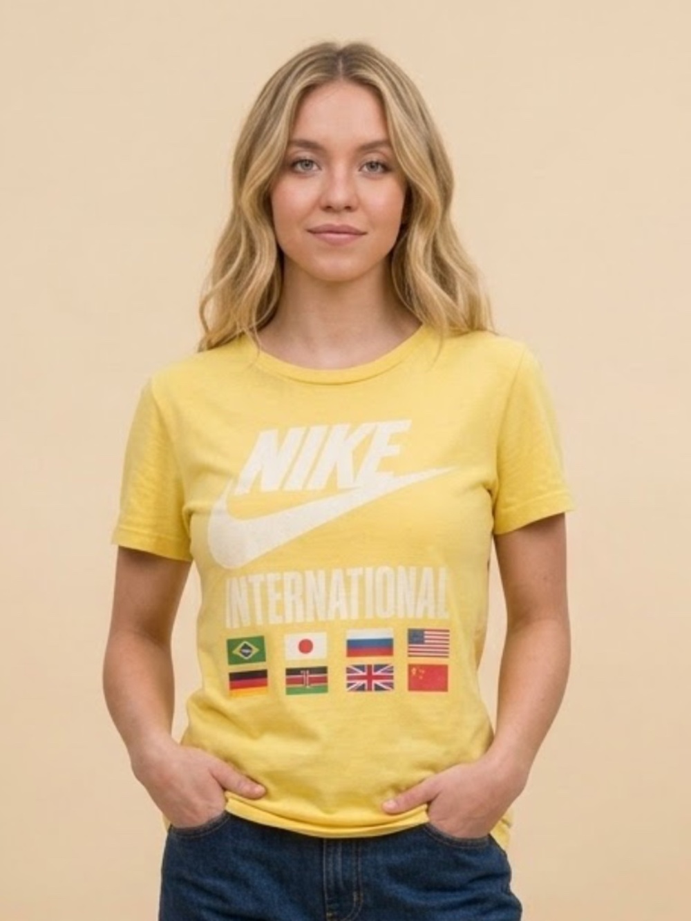 Vintage 90s Nike Yellow Track & Field International Flags Thin Tee T-Shirt - S